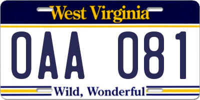 WV license plate OAA081