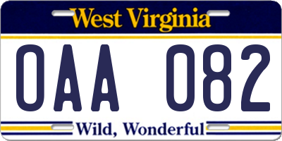 WV license plate OAA082