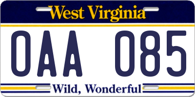 WV license plate OAA085