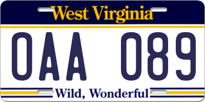WV license plate OAA089