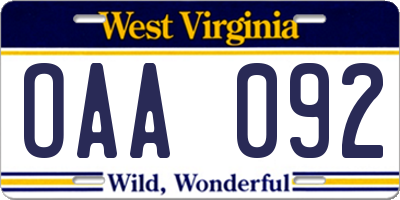 WV license plate OAA092