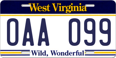 WV license plate OAA099