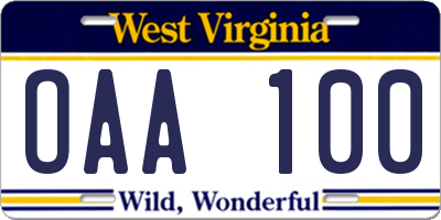 WV license plate OAA100