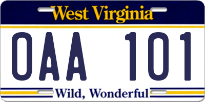WV license plate OAA101