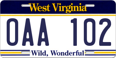 WV license plate OAA102