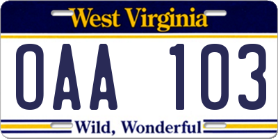 WV license plate OAA103