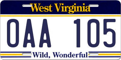 WV license plate OAA105