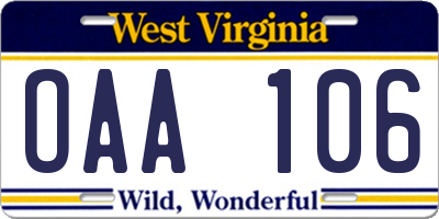 WV license plate OAA106