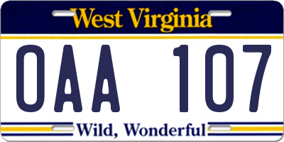 WV license plate OAA107