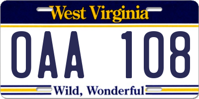 WV license plate OAA108