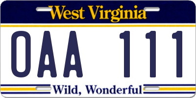 WV license plate OAA111