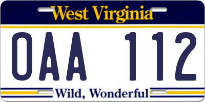 WV license plate OAA112