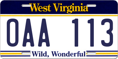 WV license plate OAA113