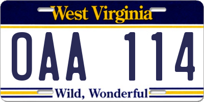 WV license plate OAA114