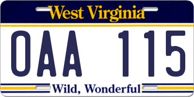 WV license plate OAA115