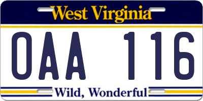 WV license plate OAA116