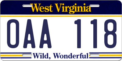 WV license plate OAA118