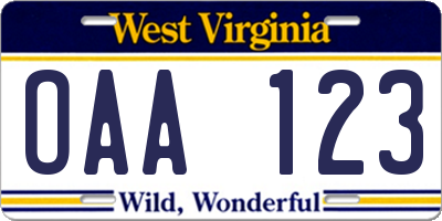 WV license plate OAA123