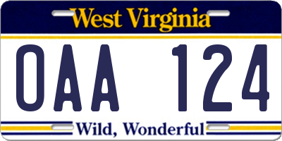 WV license plate OAA124