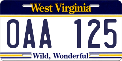 WV license plate OAA125