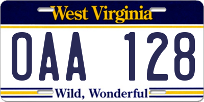 WV license plate OAA128