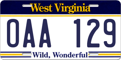 WV license plate OAA129