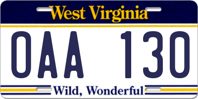 WV license plate OAA130