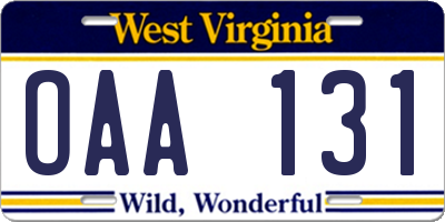 WV license plate OAA131