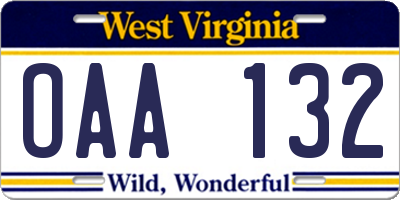 WV license plate OAA132