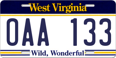 WV license plate OAA133