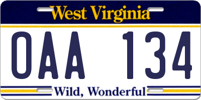 WV license plate OAA134