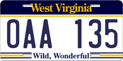 WV license plate OAA135