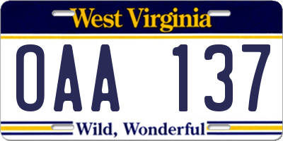 WV license plate OAA137