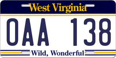 WV license plate OAA138