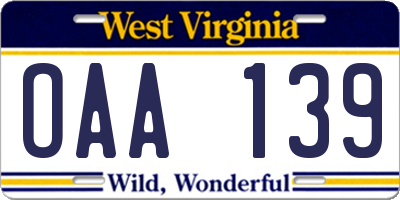 WV license plate OAA139