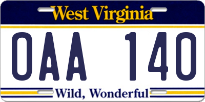WV license plate OAA140