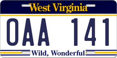 WV license plate OAA141
