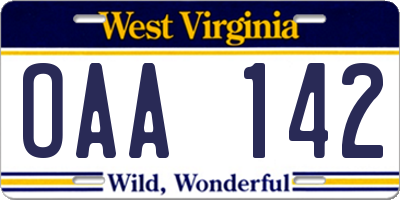 WV license plate OAA142