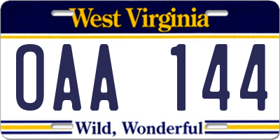 WV license plate OAA144