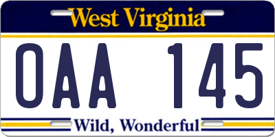 WV license plate OAA145