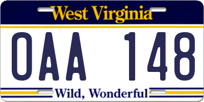 WV license plate OAA148