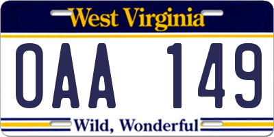 WV license plate OAA149