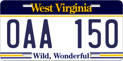WV license plate OAA150