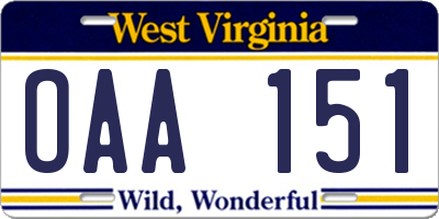 WV license plate OAA151