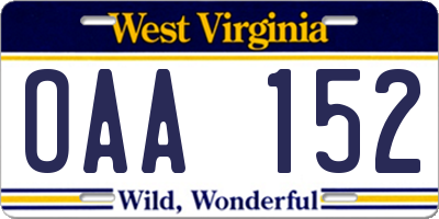 WV license plate OAA152