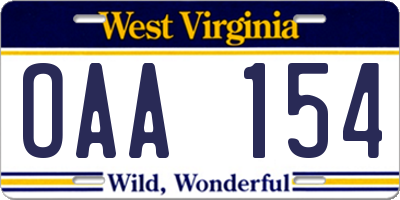 WV license plate OAA154