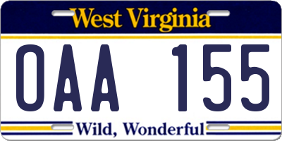 WV license plate OAA155