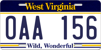 WV license plate OAA156