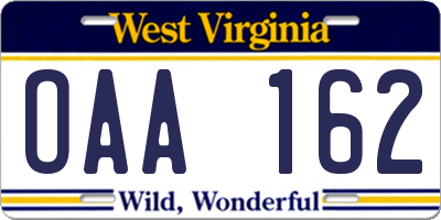 WV license plate OAA162