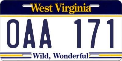 WV license plate OAA171